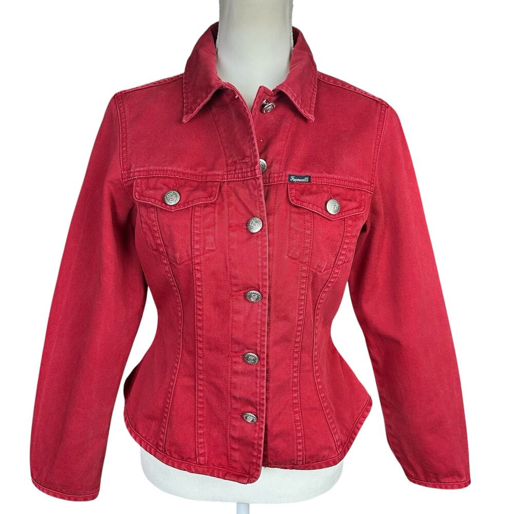 Faconnable Denim Jacket Women Size Small Red Button Up Peplum French Classic